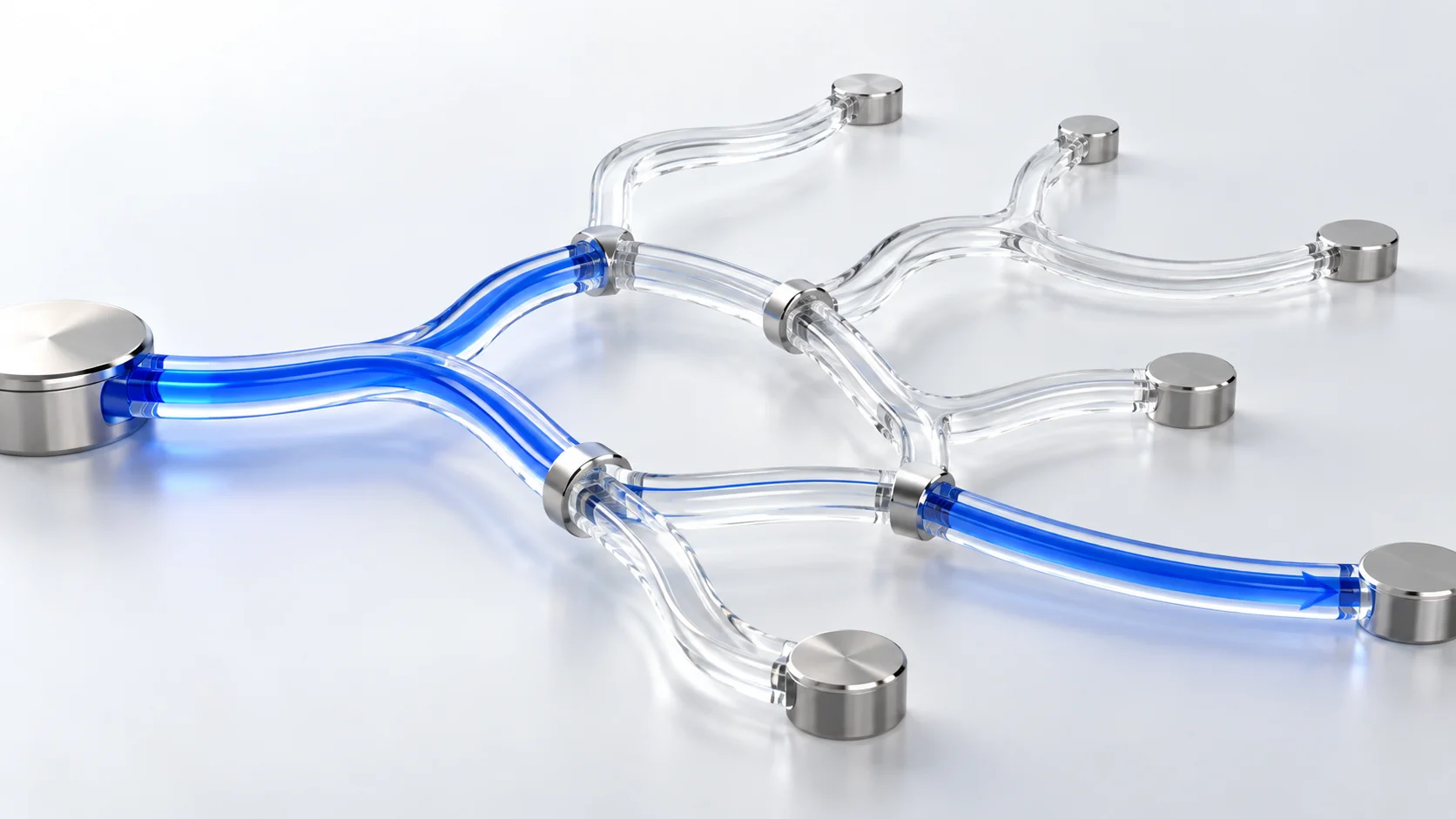 A blue route through a network of branching glass paths.