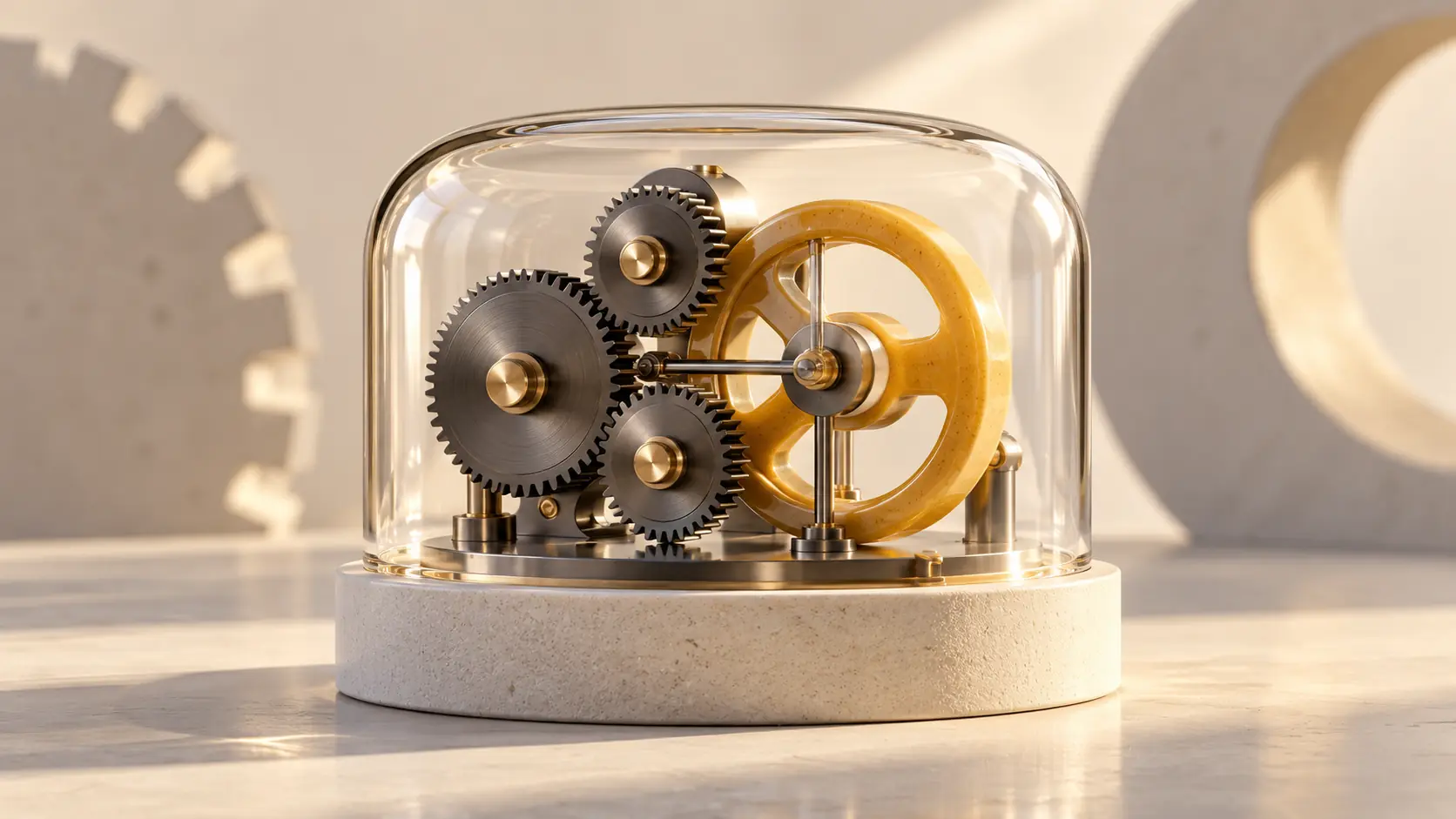 A compact mechanism with interlocking gears and an amber flywheel sits in a clear housing.