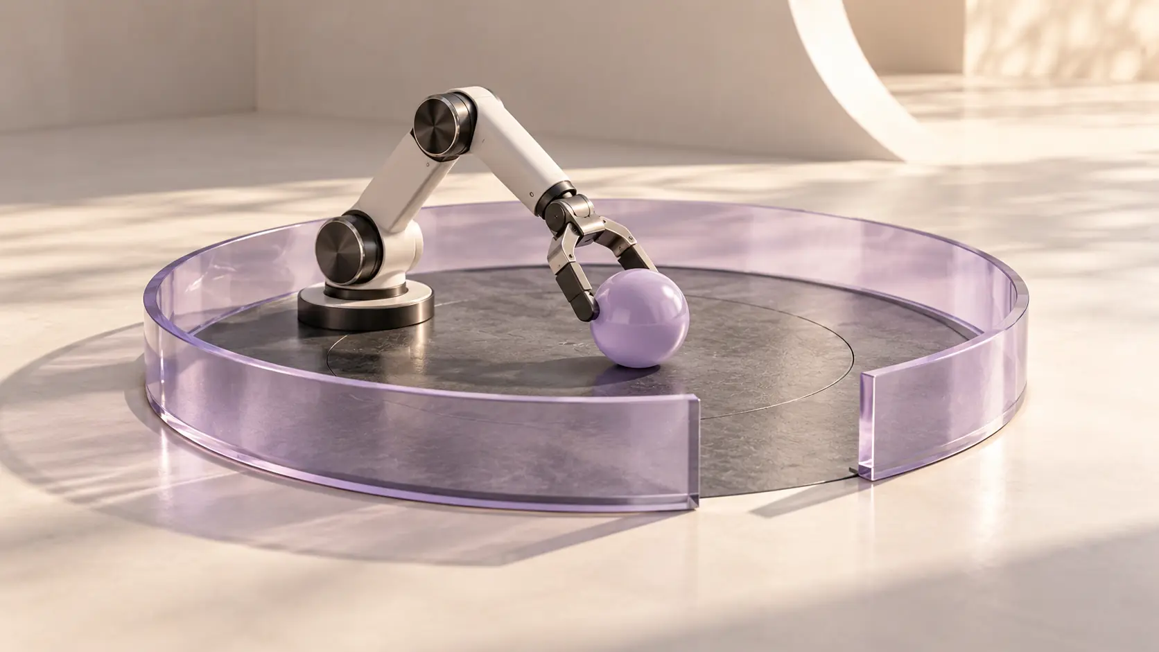 A compact robotic arm works within a circular boundary with a controlled opening.