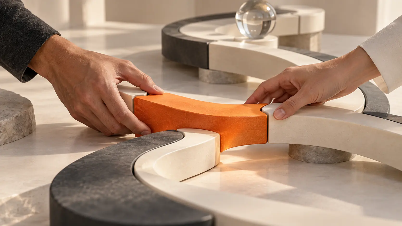 Two hands fit an orange component into an existing sequence of interlocking pieces.