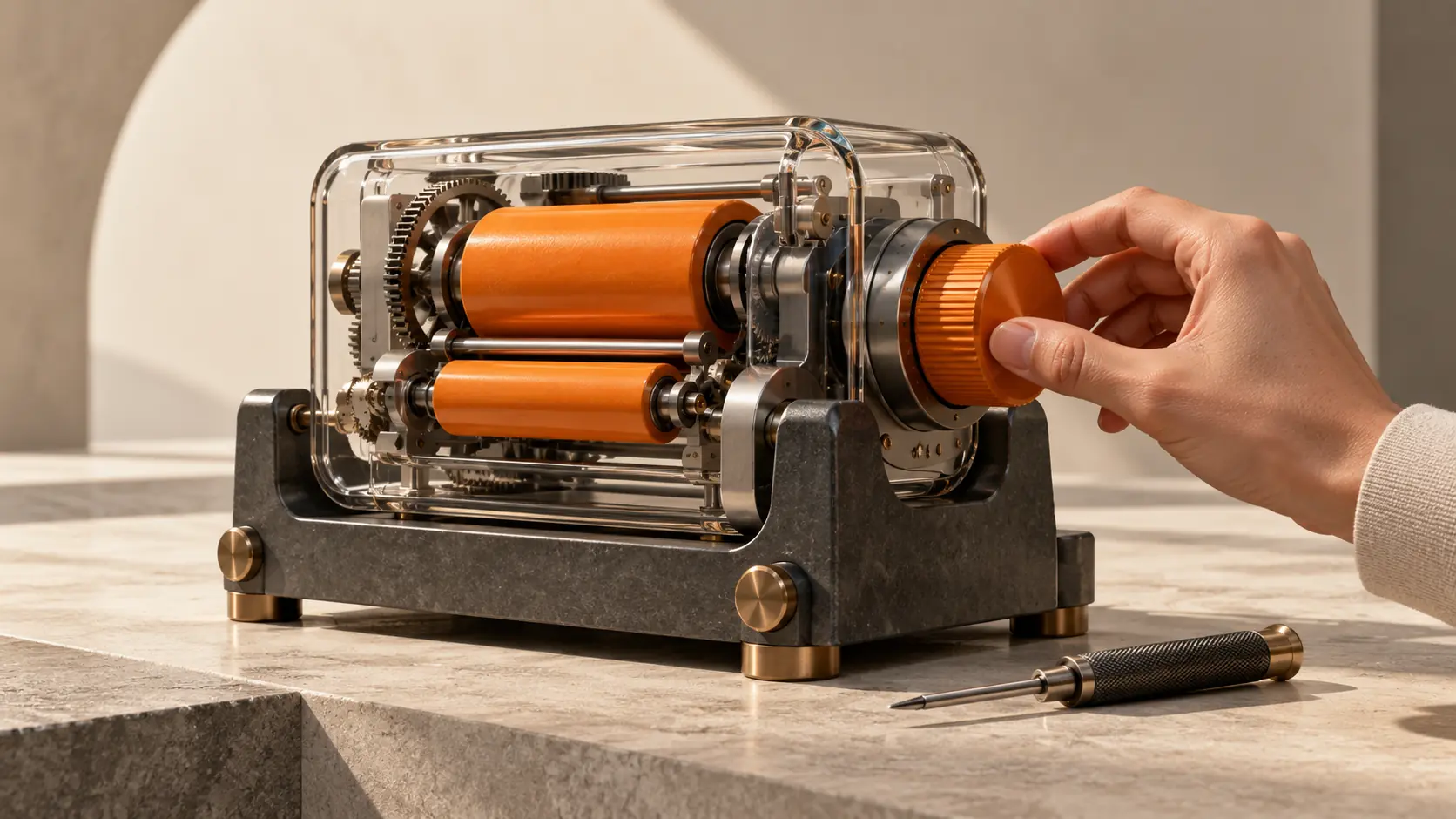 A hand adjusts an orange dial on a transparent machine supported by a maintenance cradle.