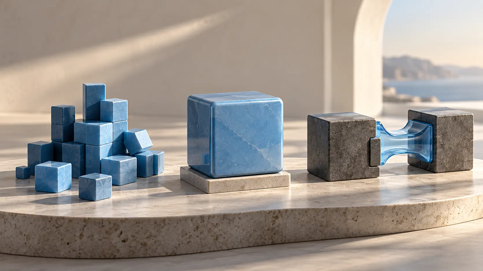 Individual blocks, a completed module, and connected components share one architectural base.