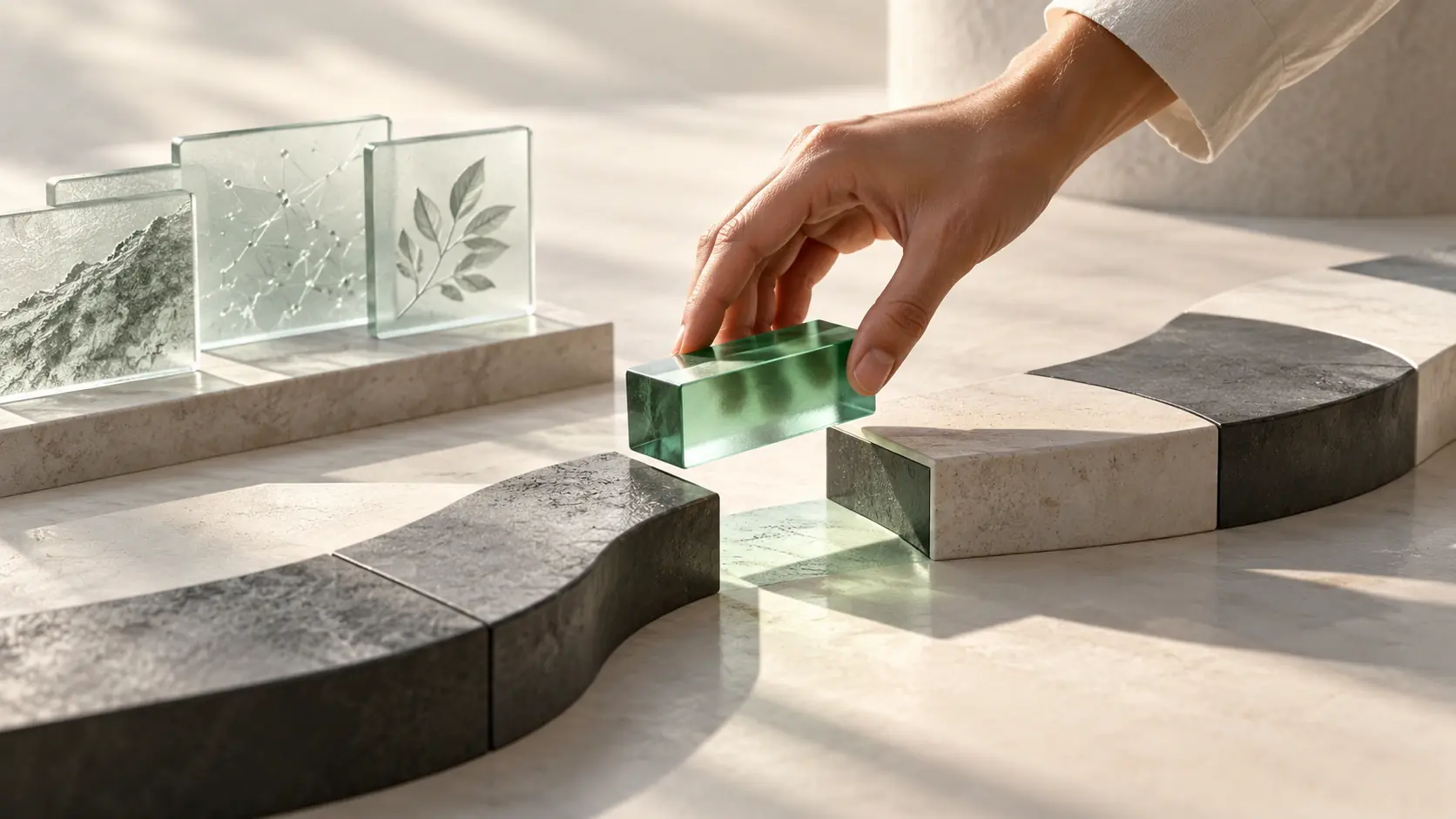 A hand holds a green module above a gap in a path, representing a human decision.