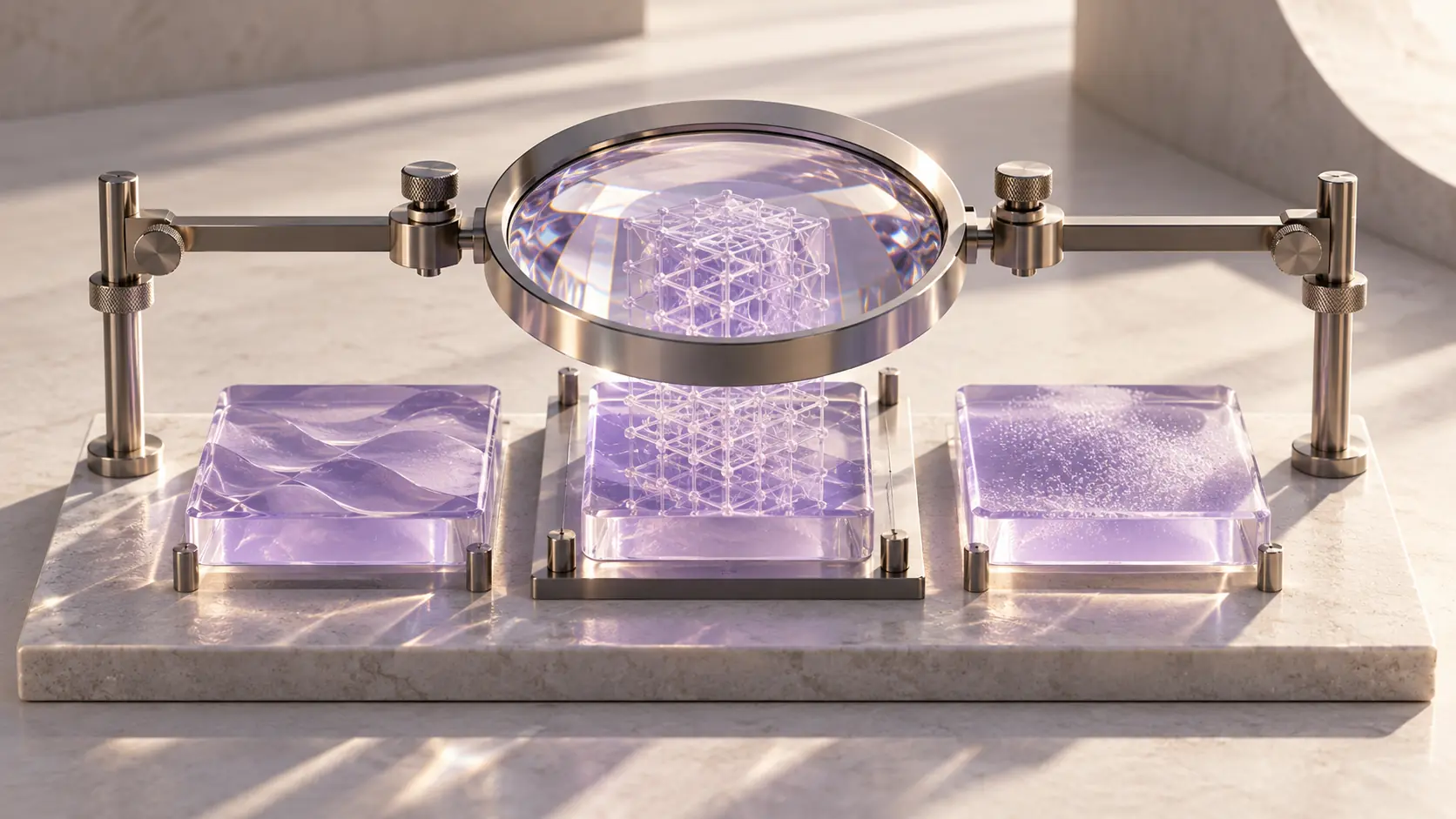 A precision lens inspects the lattice inside translucent lavender test tiles.