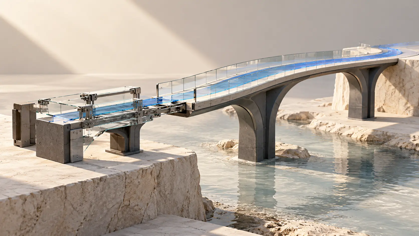 A blue path crosses a modular bridge from an experimental section to a finished structure.