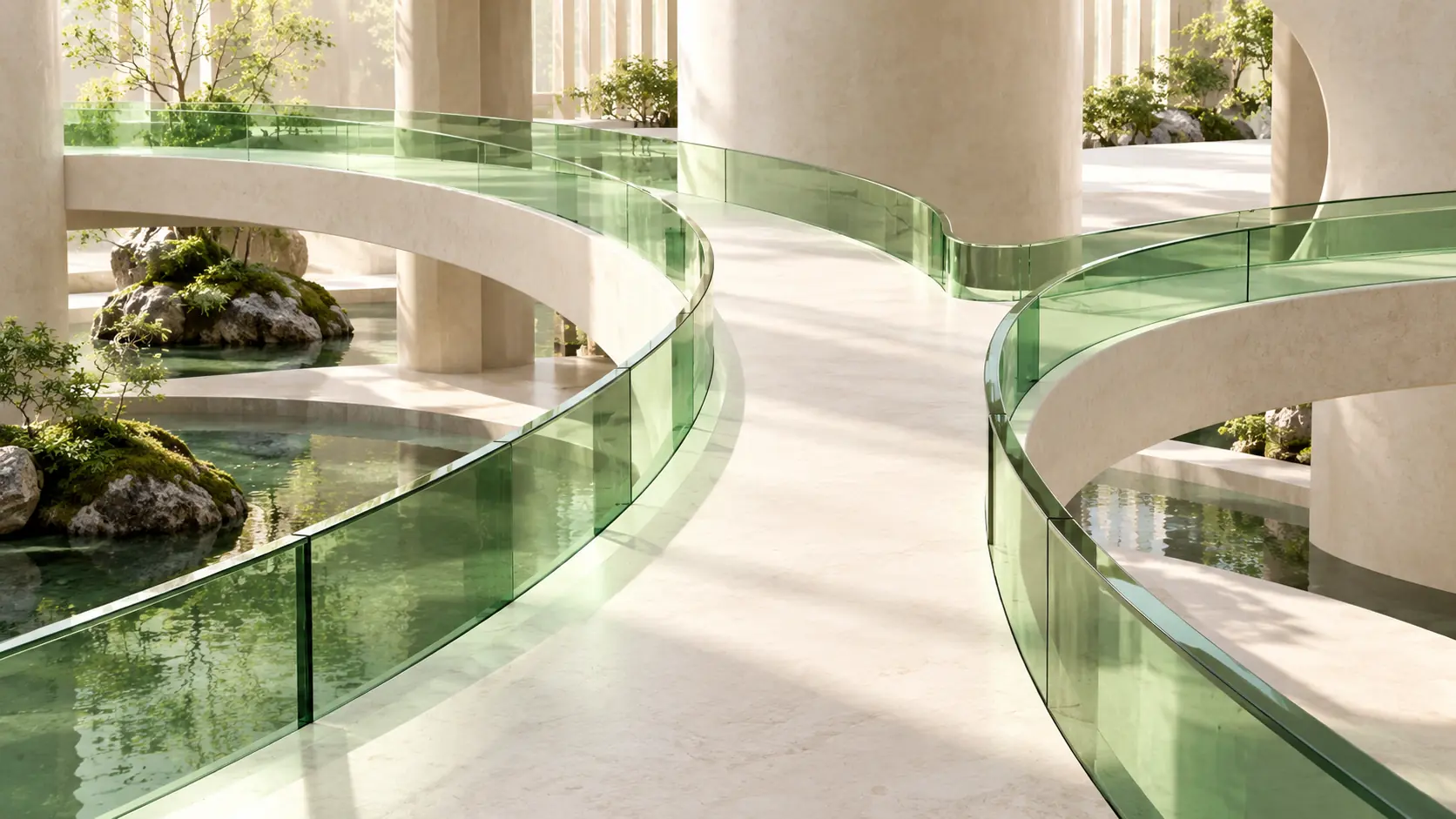 An ivory walkway curves between translucent green guardrails with a clear side junction.