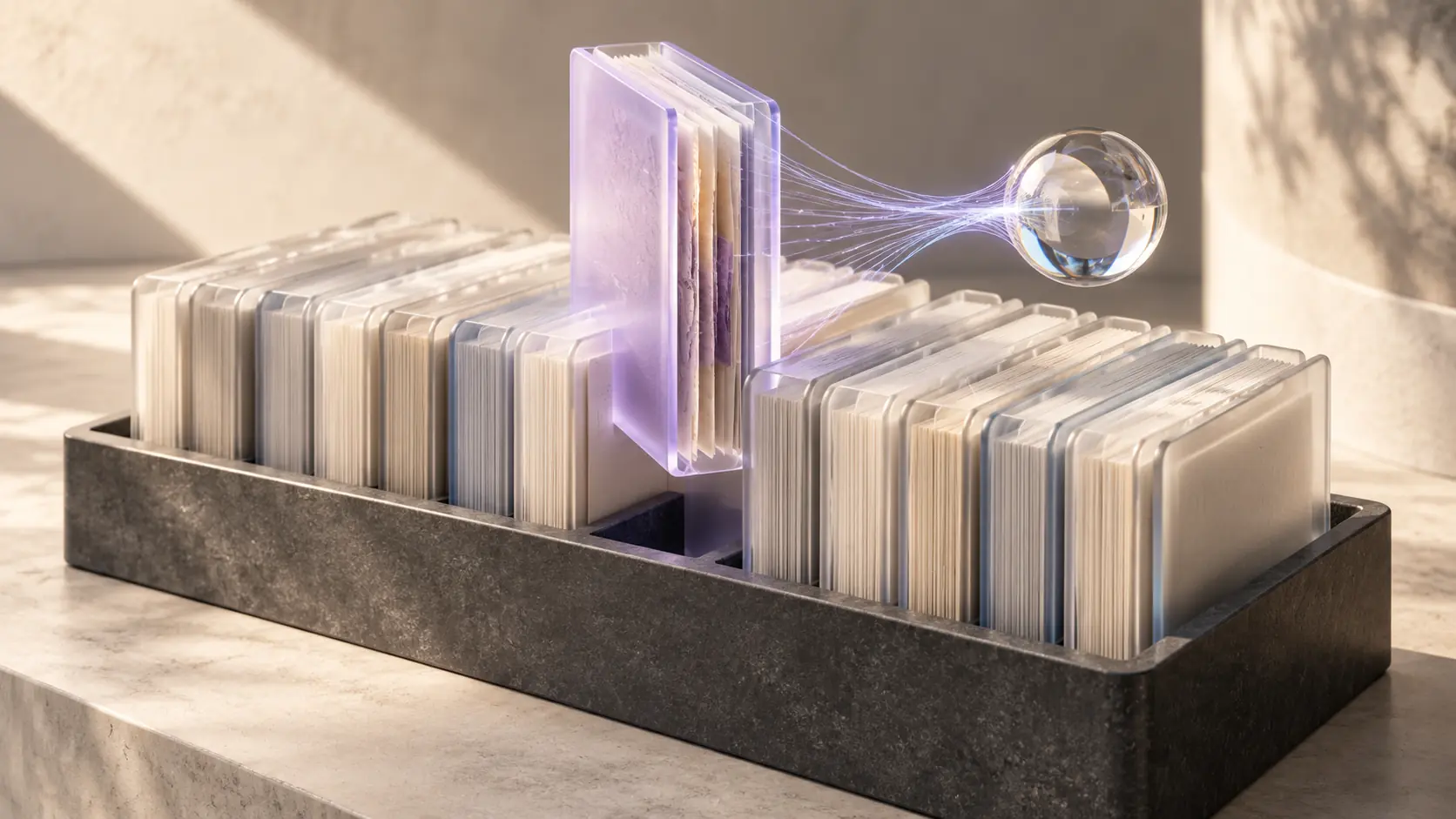 An orderly glass archive with one lavender folio selected above the others.