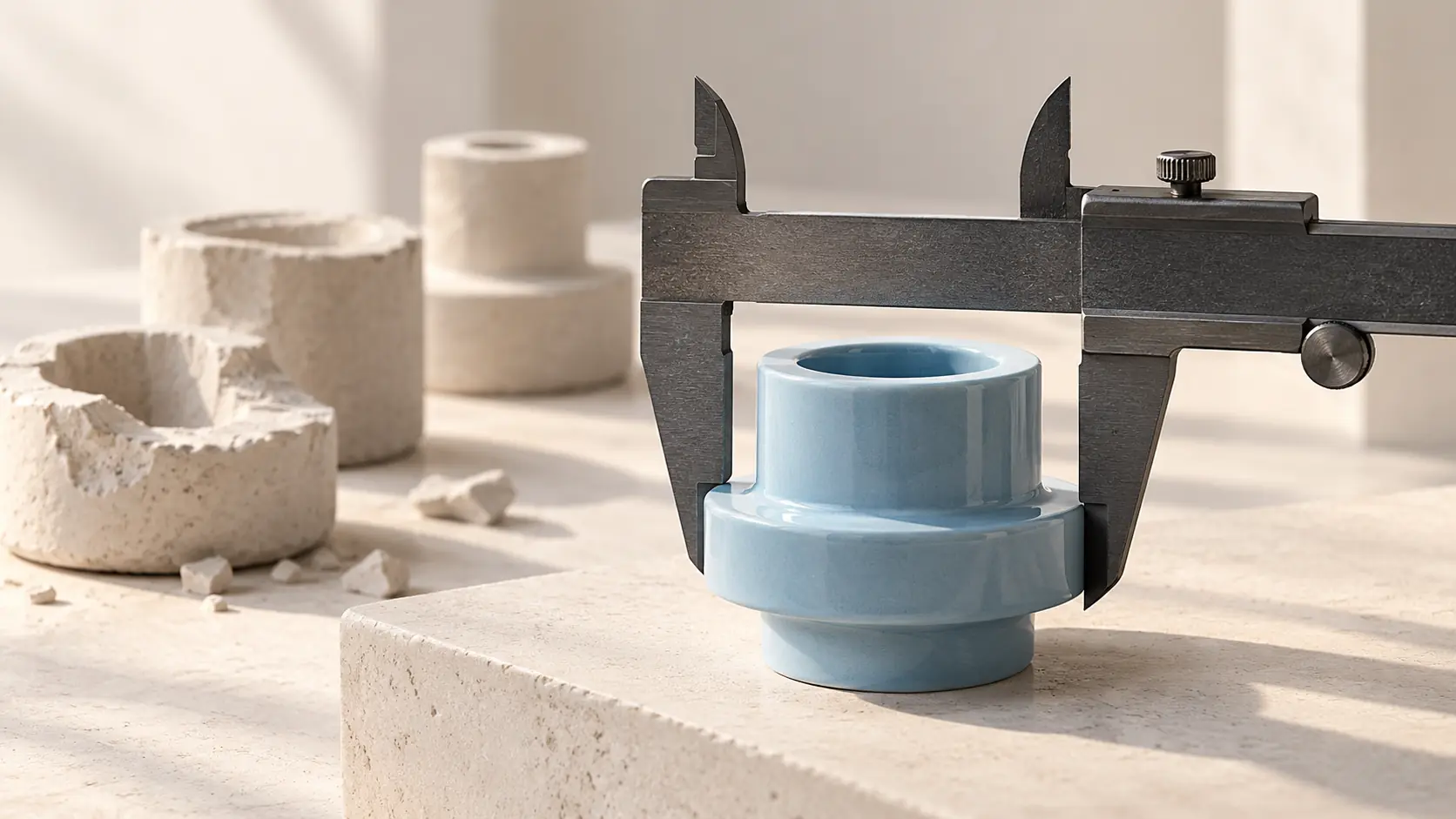 A precision caliper measures a finished blue component beside blurred unfinished forms.