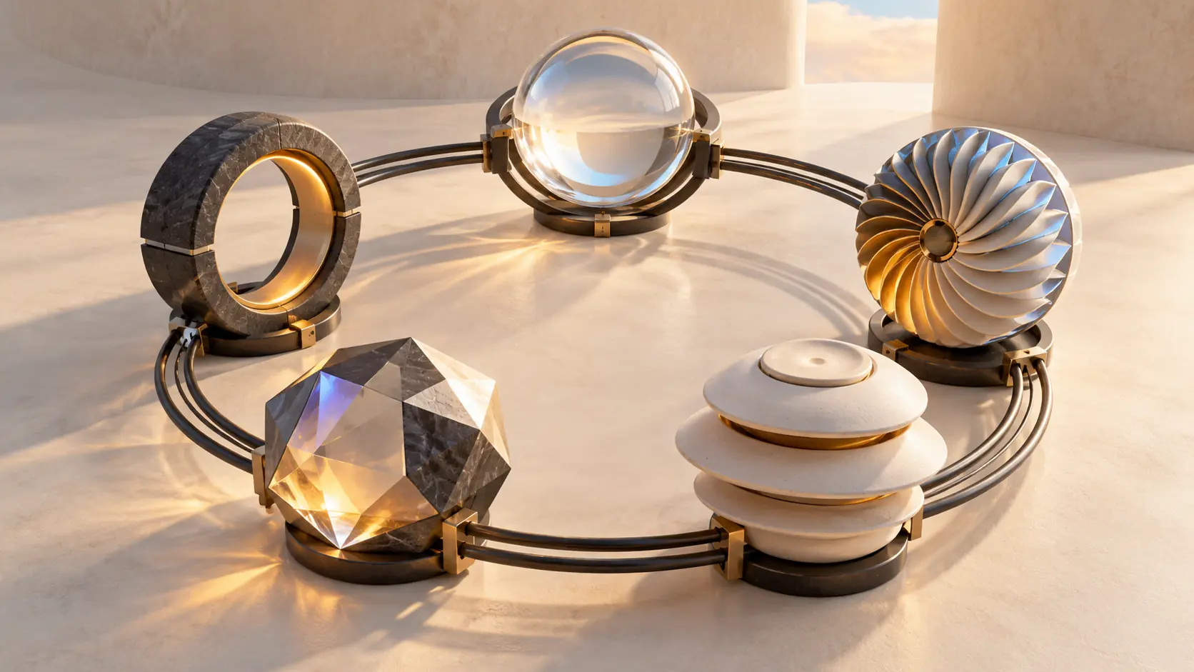 Five distinct sculptural modules connected by dark curved rails on an ivory surface.