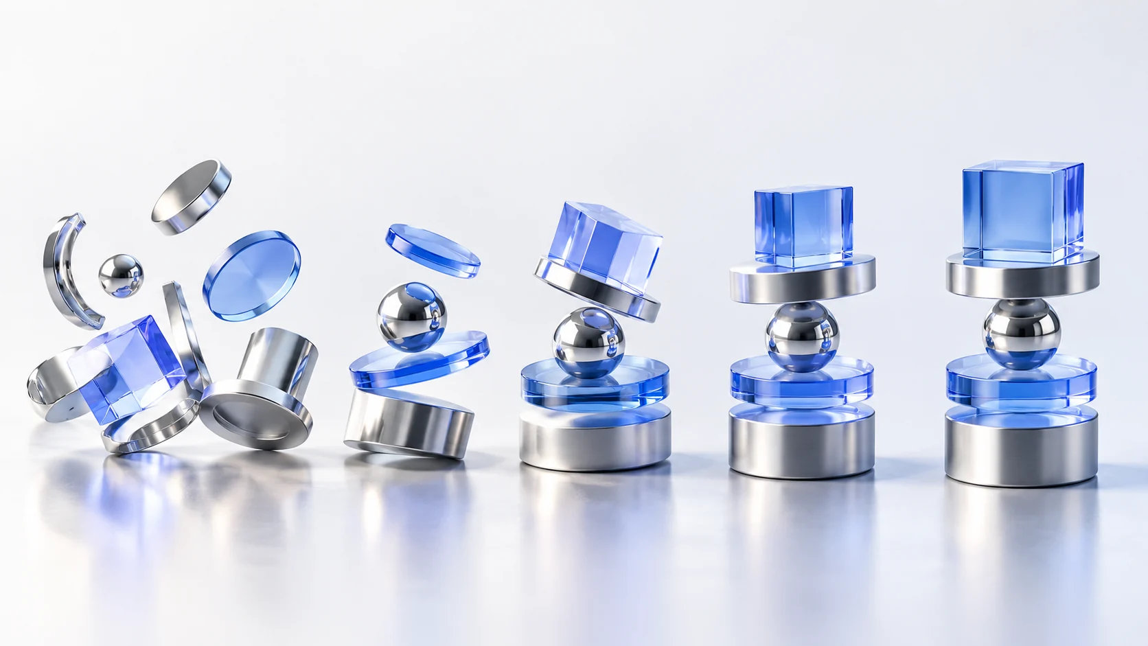 Separate glass and metal pieces becoming a series of complete structures.