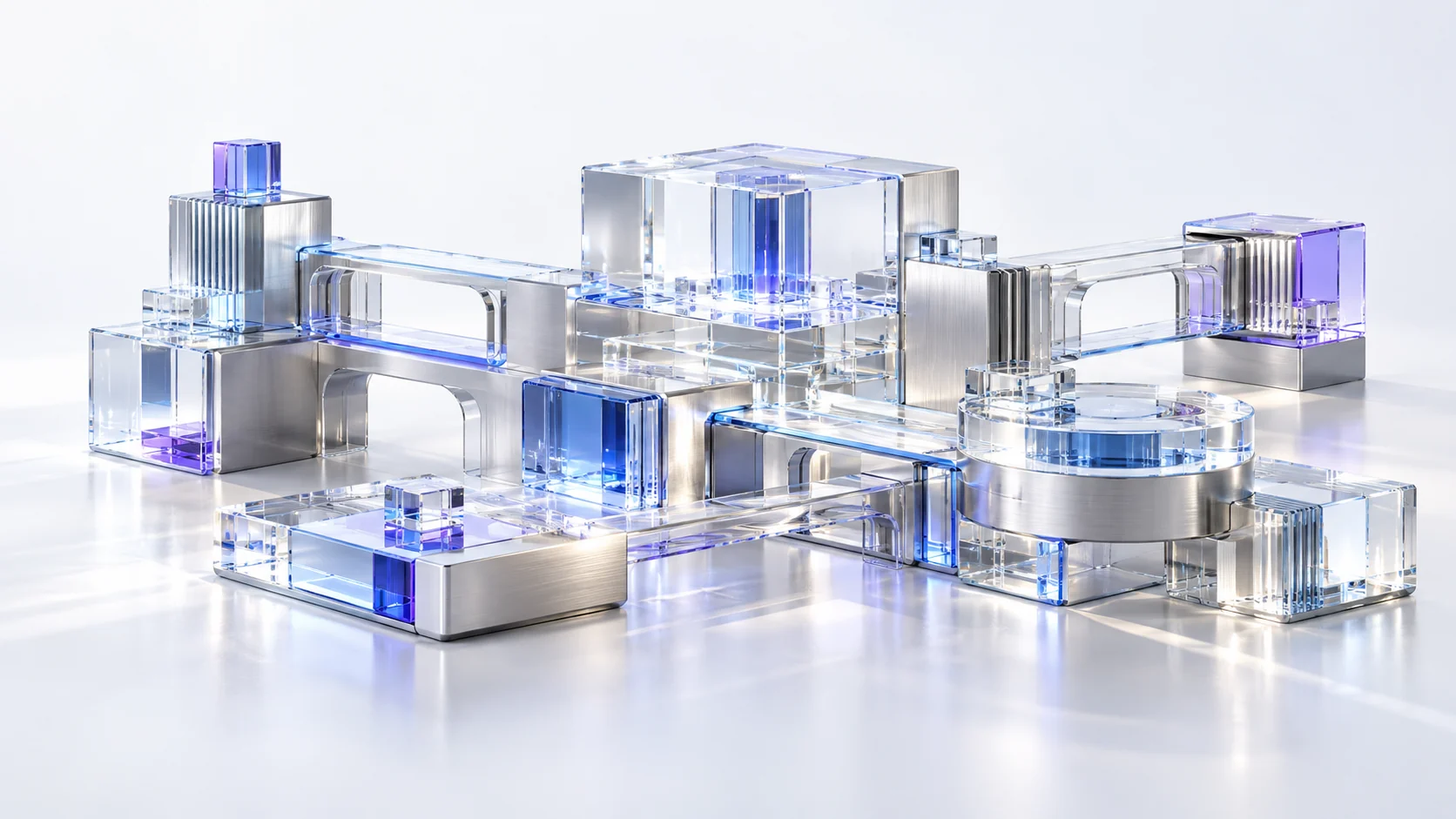 Glass and metal modules connected into a complete structure.